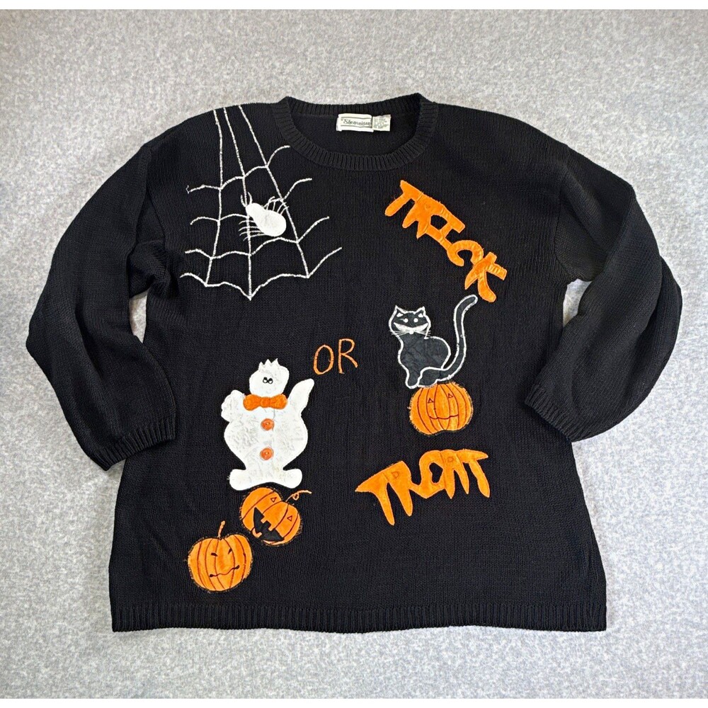 Vintage Halloween Sweater Black Cat Ghost Pumpkin Spider Knit Pullover M Cute